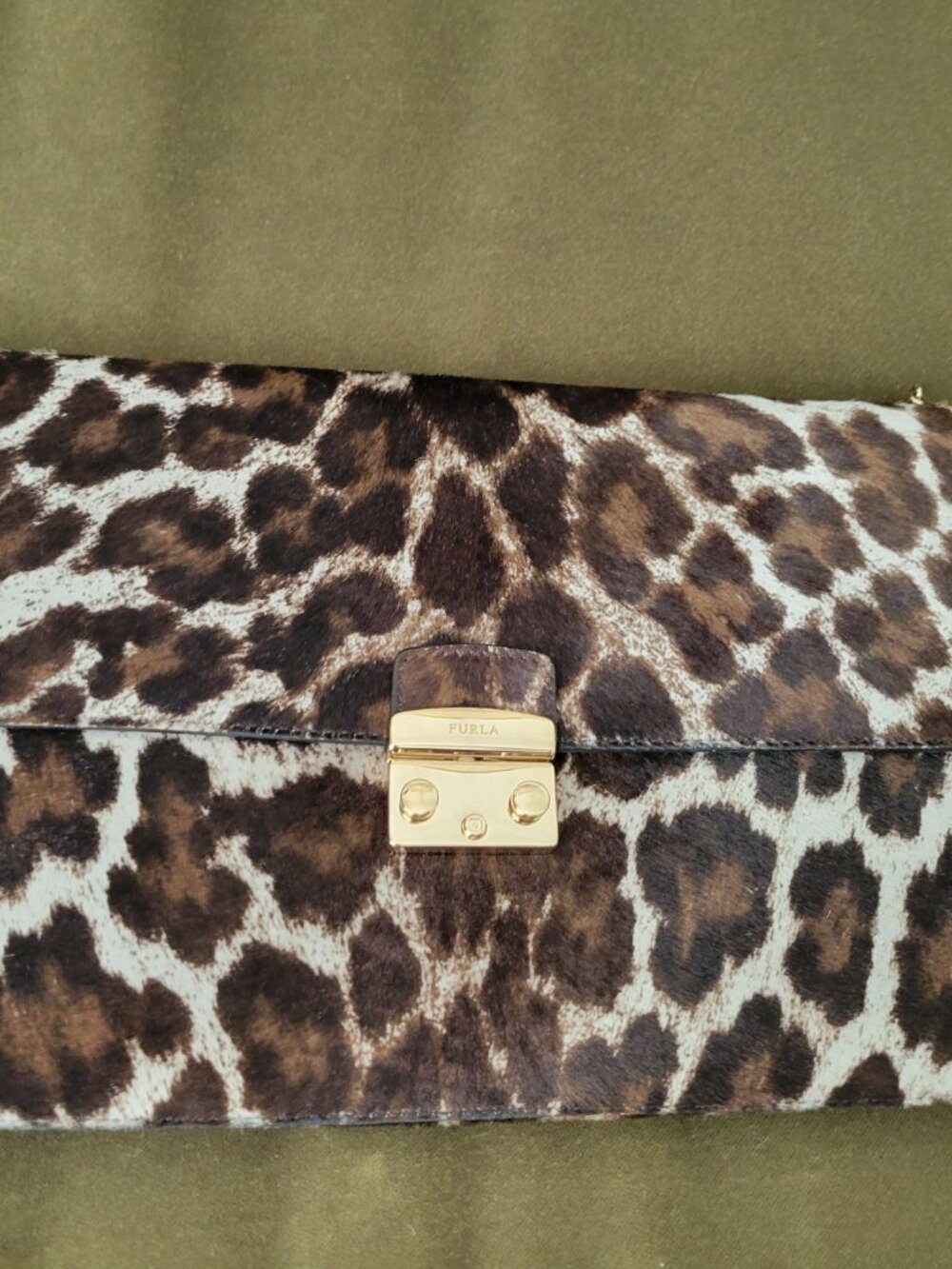 NWT Furla Cowhide Animal Print Leather Gold Chain Clutch Shoulder Bag Italy - Picture 11 of 16